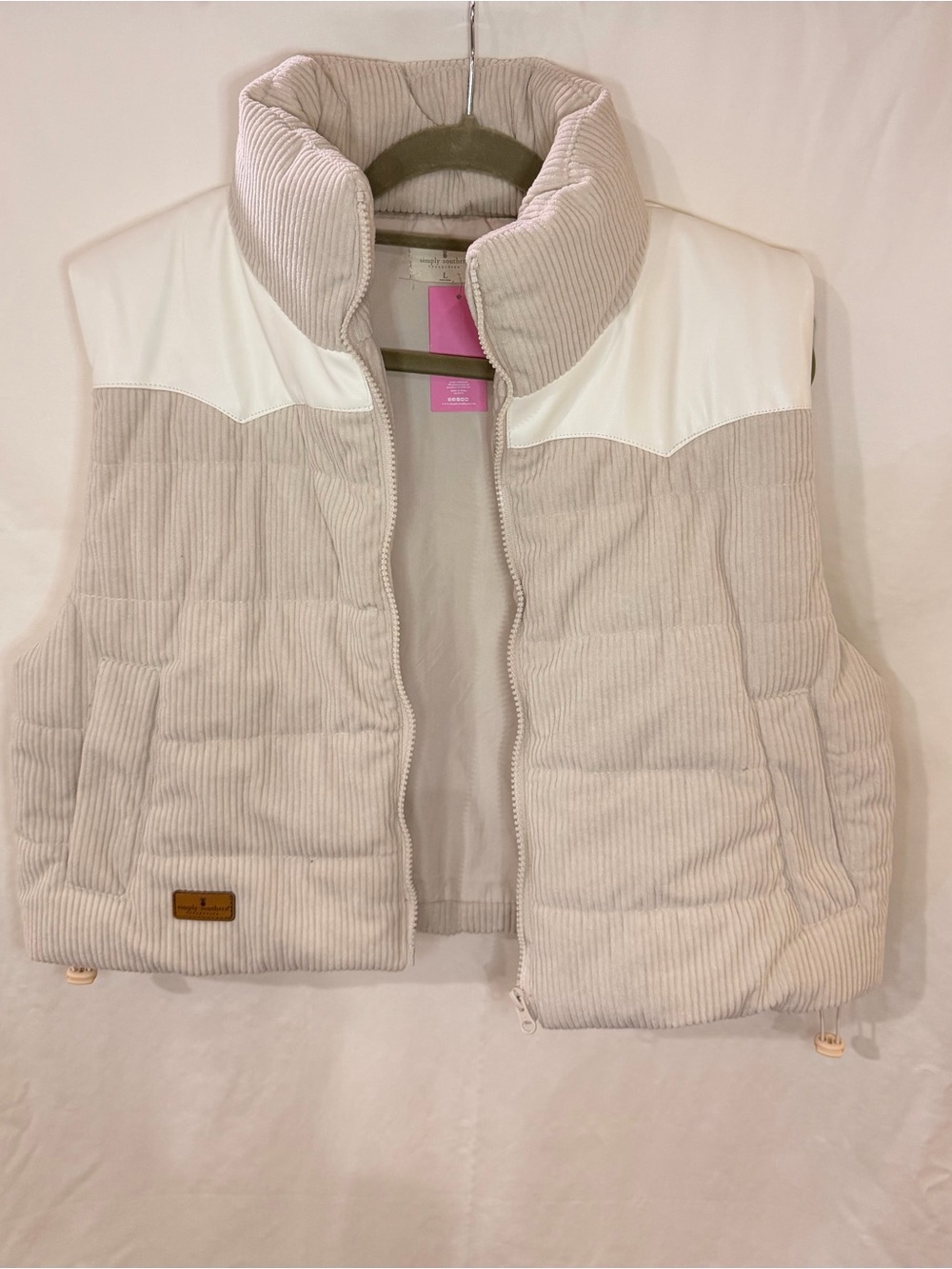 Simply Southern Cream Corduroy Quilted Vest with White Yoke
